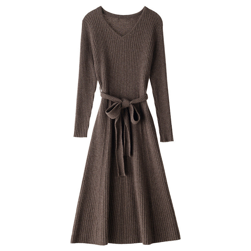 Brown cashmere v-neckline mid sweater dress