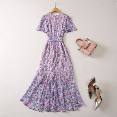 V-neck short sleeved printed floral pleated lace summer dress