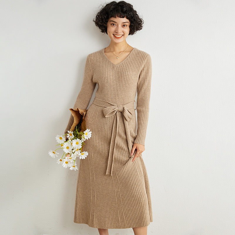 Khaki cashmere v-neckline midi sweater dress