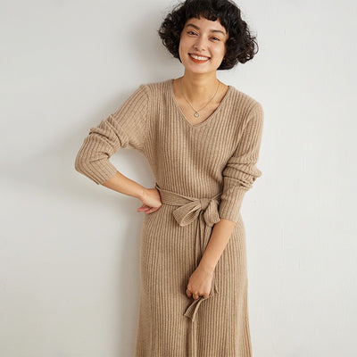 Khaki cashmere v-neckline midi sweater dress