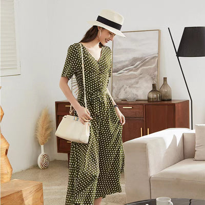 Matcha polka dot mulberry silk dress