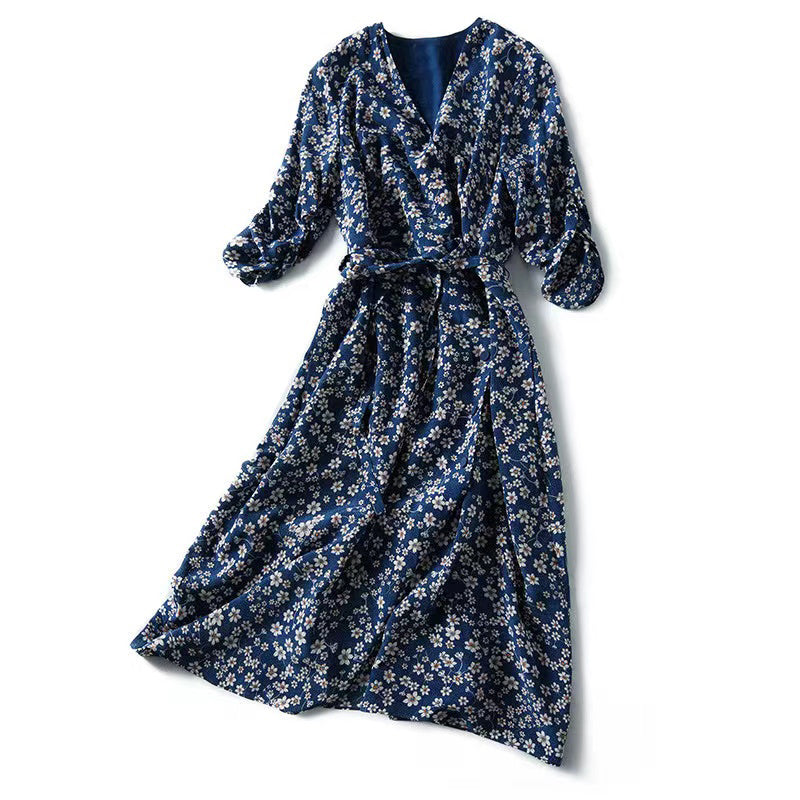 Blue floral mulberry silk dress