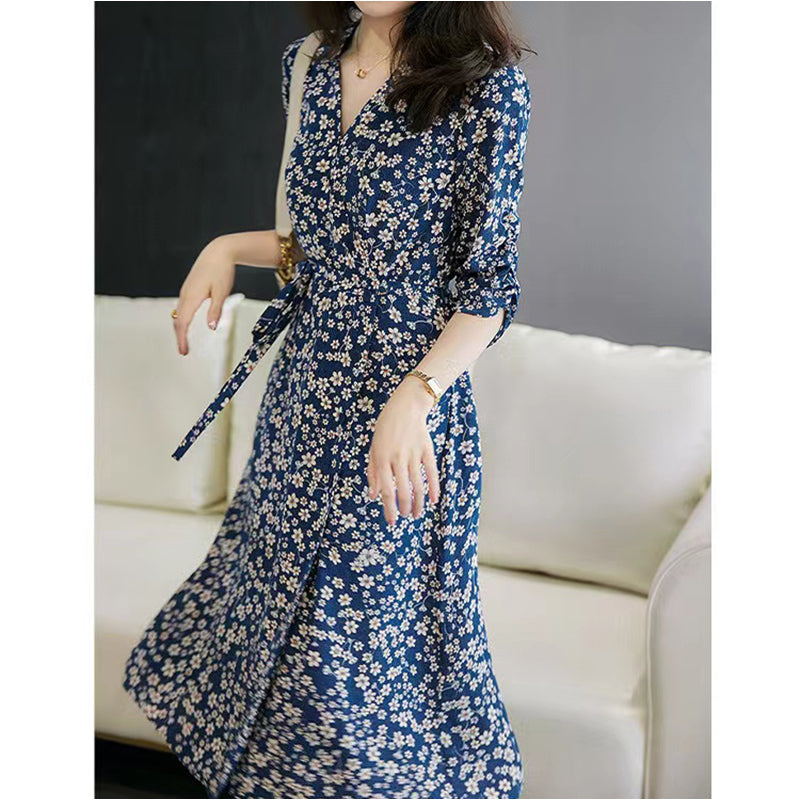 Blue floral mulberry silk dress