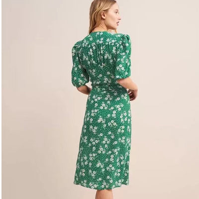 Vintage silk floral dress with puff sleeves