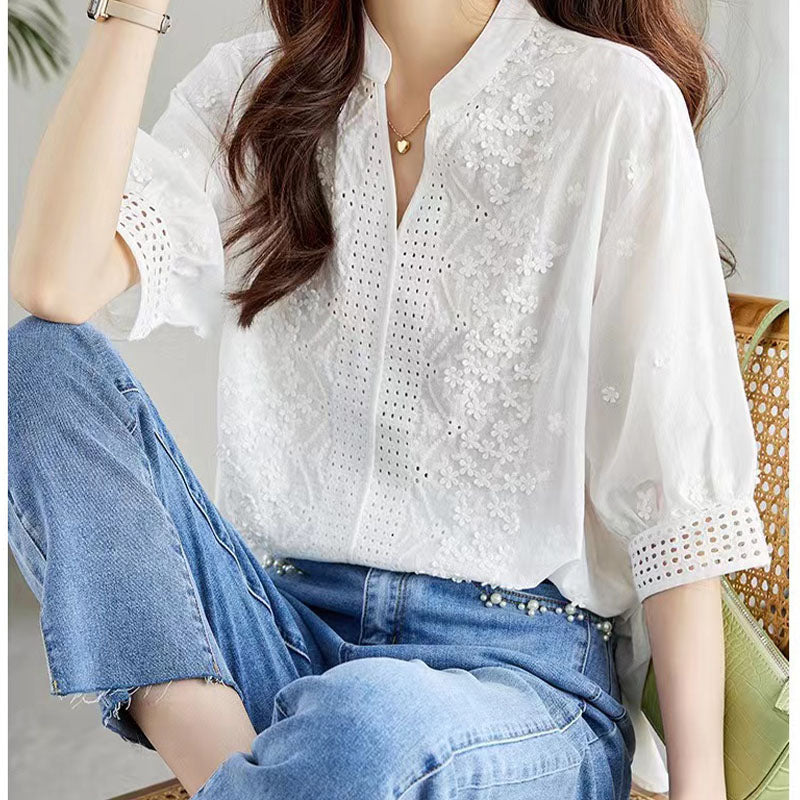 french style embroidered white shirt