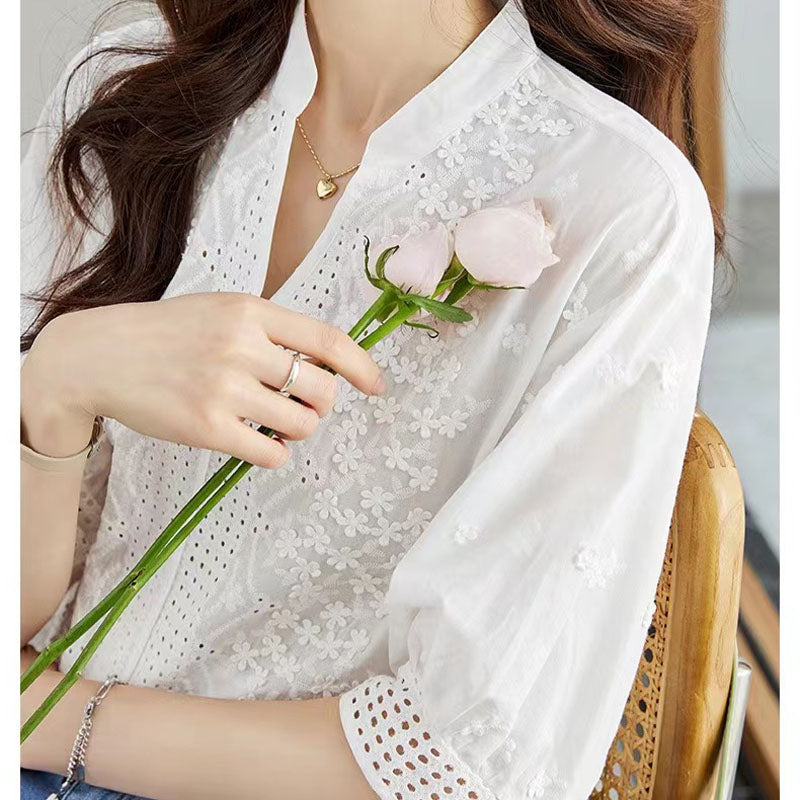 French style embroidered white shirt