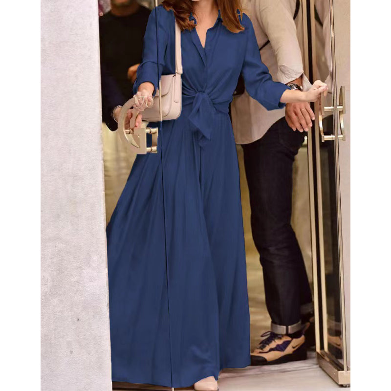 Sapphire blue shirt and wide swing pleated long skirt