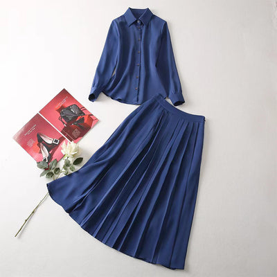 Sapphire blue shirt and wide swing pleated long skirt