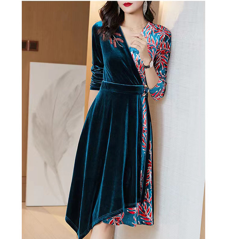 Velvet Panel Printed Beaded Collar dress