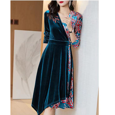 Velvet Panel Printed Beaded Collar dress