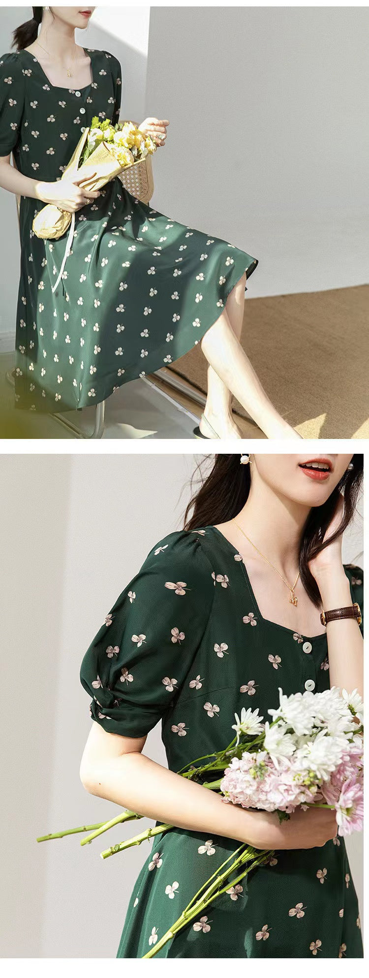 Dark green mulberry silk dress