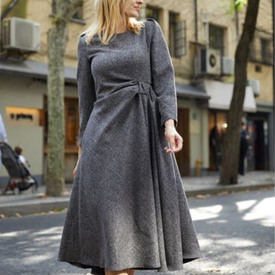 Grey side pleated long sleeve dress