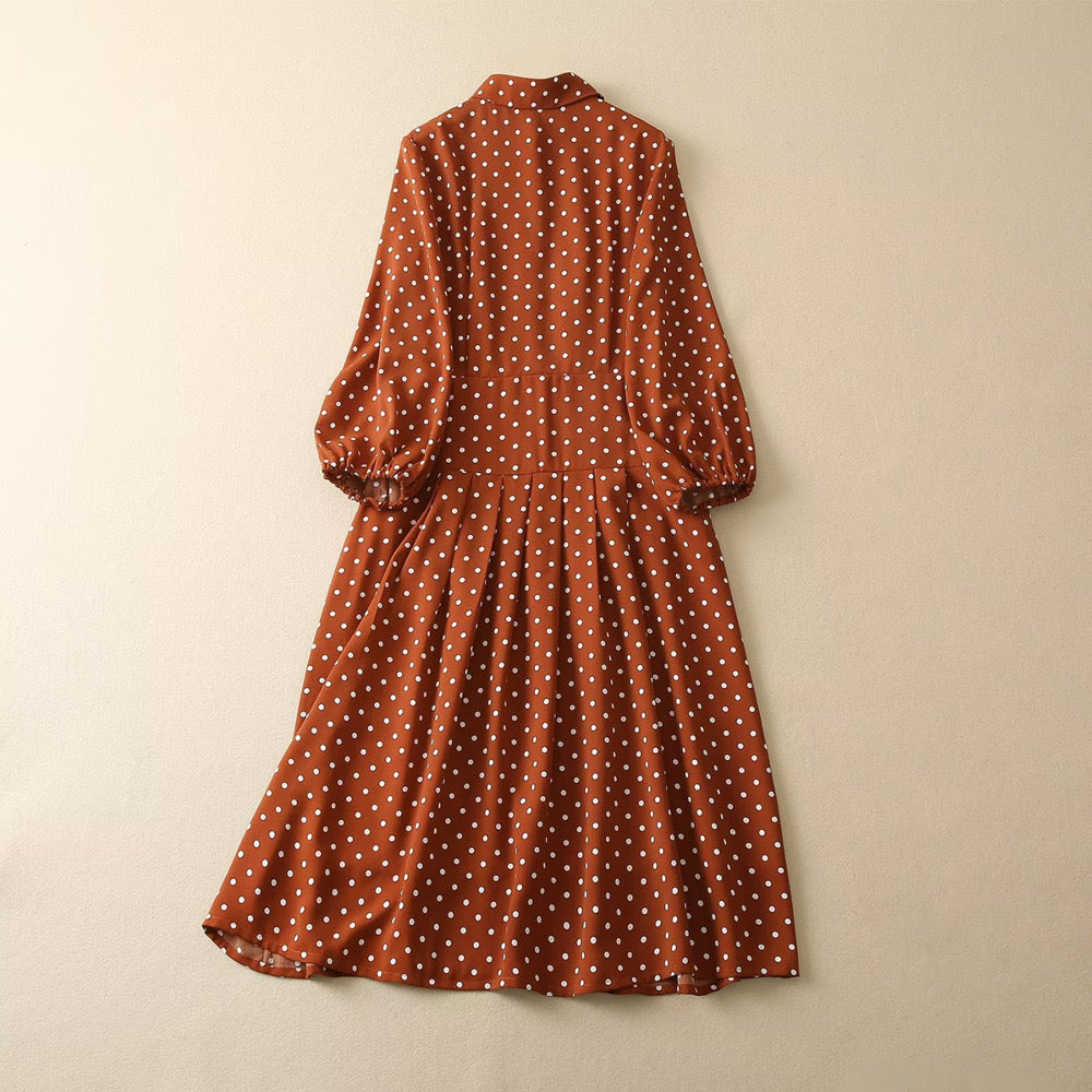 Caramel balloon sleeve polka dot dress