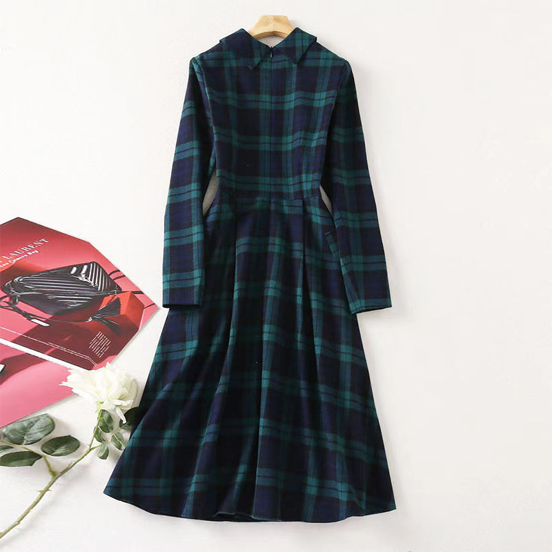 Lapel long sleeve blue check waist dress