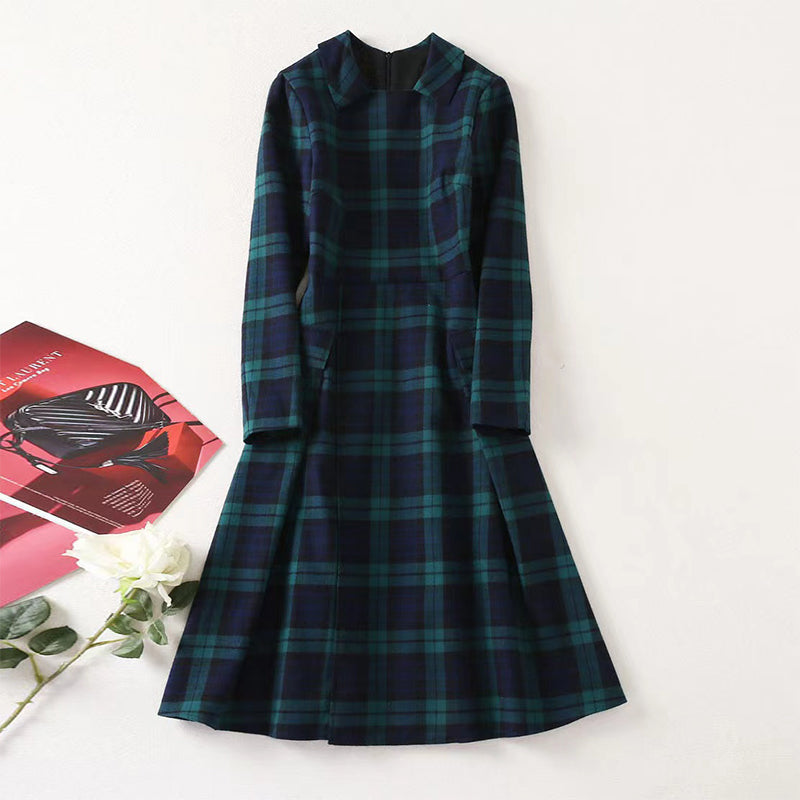 Lapel long sleeve blue check waist dress