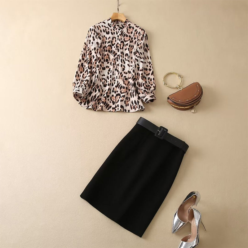 leopard shirt and belted skirt