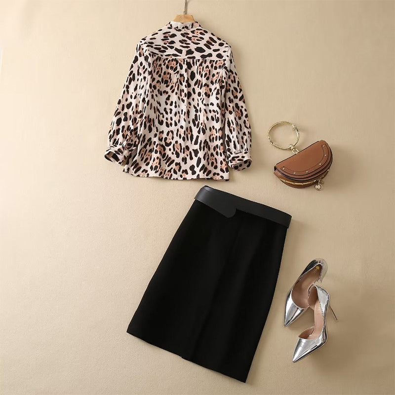 Leopard print shirt and belted A line skirt