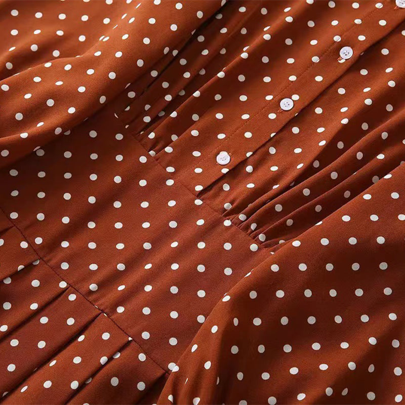 Caramel balloon sleeve polka dot dress