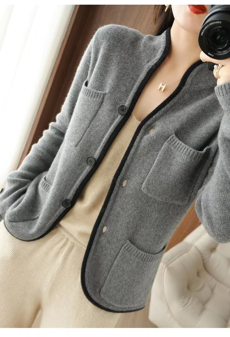 Wool stand collar cardigan