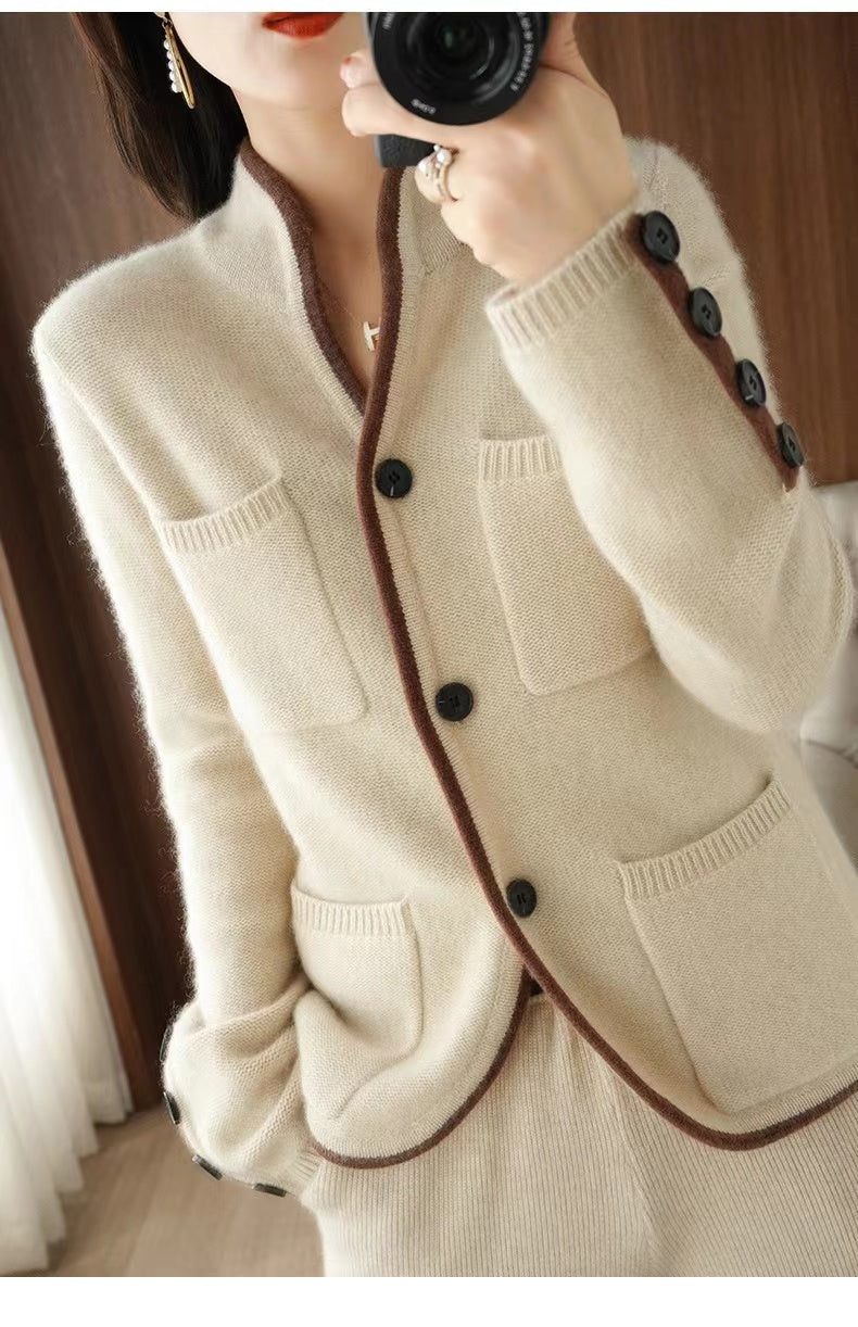 Wool stand collar cardigan